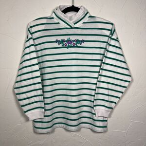 Vintage Mock Neck Sweatshirt Erika Green White Striped Floral Embroidery Sz SP